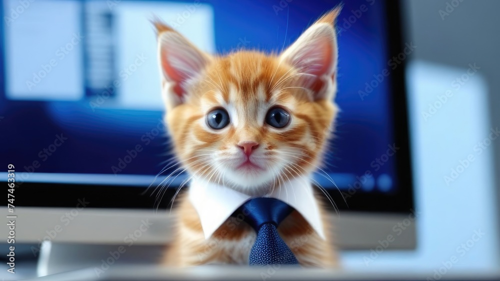 A red-haired kitten in a tie on the background of a computer. A red-haired kitten in a tie on the background of a computer.