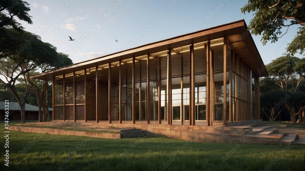Large Wooden Building Overlooking Lush Green Field Large Wooden Building Overlooking Lush Green Field