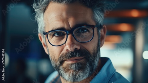 Close up of a man with glasses and a beard. Suitable for business or casual concepts