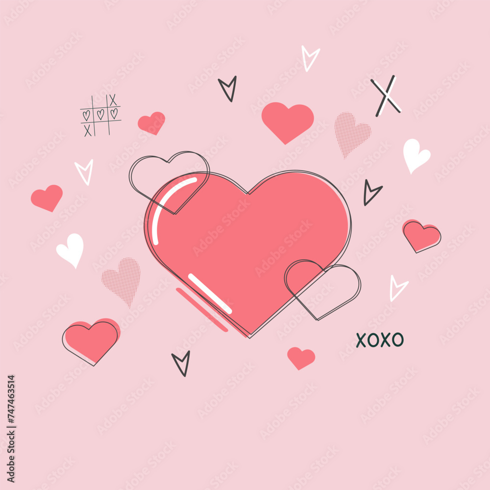 Valentines Day heart element. Happy Valentine Day in cute pink flat design with ribbons. Stock vector valentine icon
