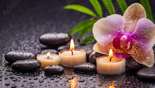 Beautiful spa background with massage stones  candles  pink orchid and drops of waters on black backdrop.