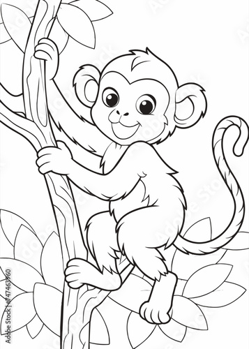 Coloring monkey sitting on a branch. Vector illustration