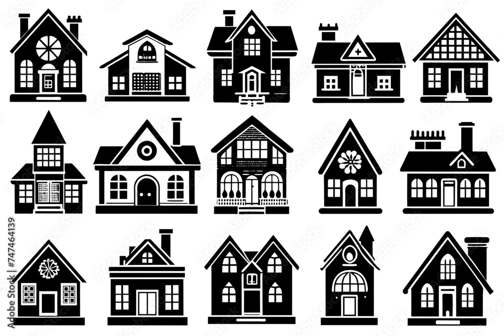 A set of house facades of different designs. Different concepts of building construction. Vector illustration isolated on white