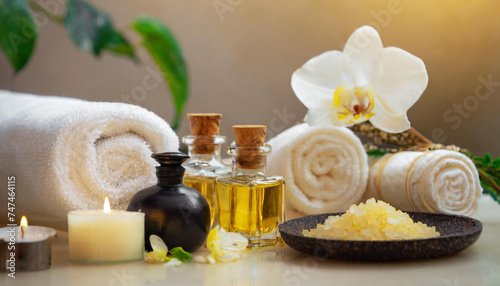 Warm spa background with candles  orchid  oil  massage stones and towels on neutral background