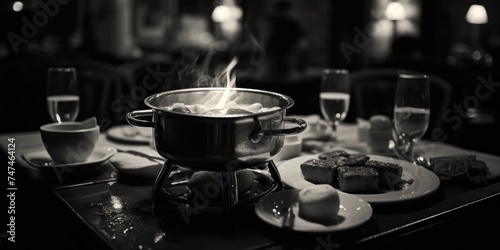 A pot of hot food on a table with a glass of wine. Perfect for food and beverage concepts