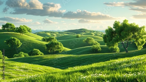 A scenic painting of a lush green hillside with trees. Suitable for nature-themed designs