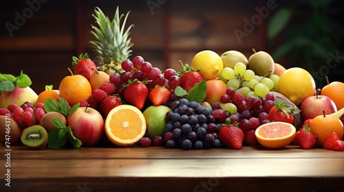 Fresh fruit displayed on rustic wooden table, perfect for food and healthy lifestyle concepts