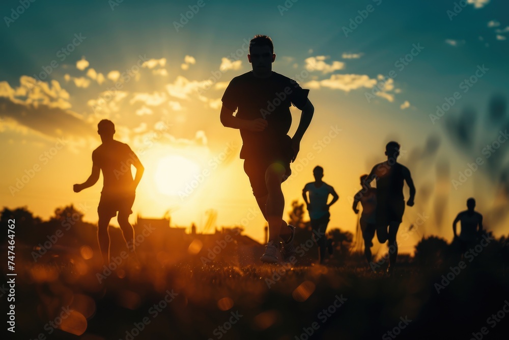 A group of people running in a field at sunset. Perfect for fitness or outdoor activity concepts