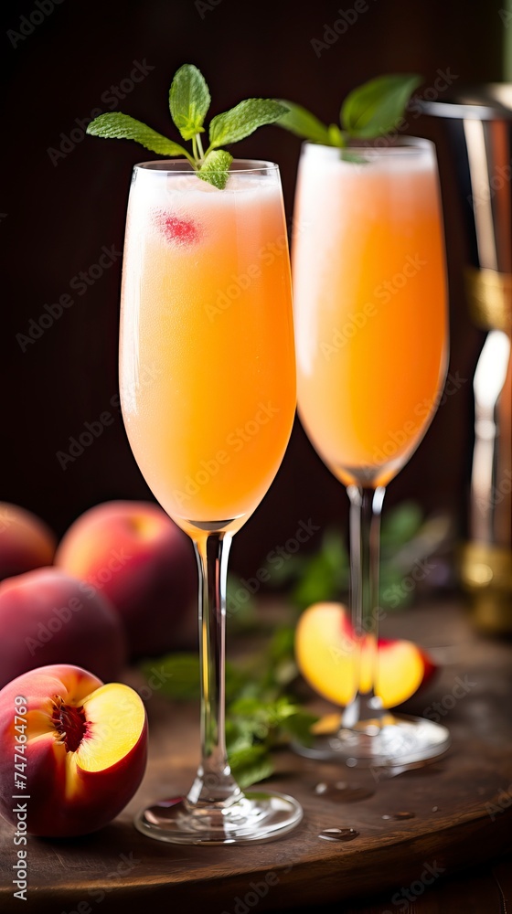 Peach Bellini drinks on a Table with Beautiful Lighting Peach Bellini drinks on a Table with Beautiful Lighting