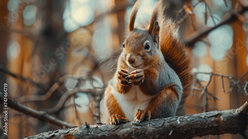 A squirrel sits on a branch in the forest and holds a pine cone in its paws