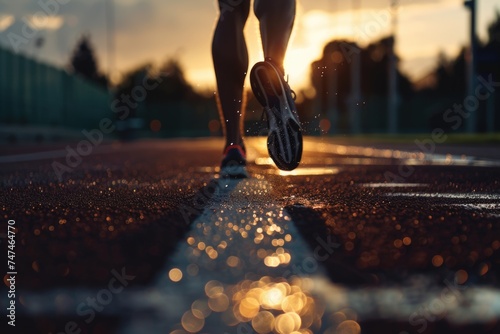 A person running on a wet road at sunset. Suitable for fitness and outdoor activities concepts