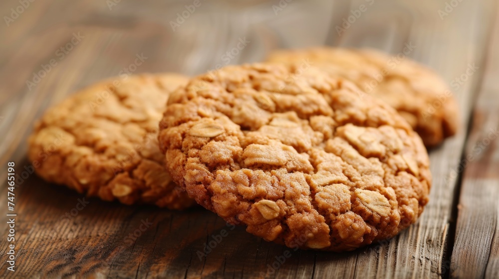 Fresh round shaped oatmeal cookies lie on a wooden table