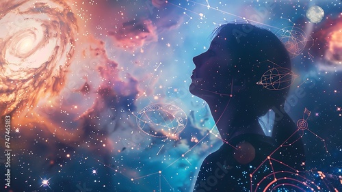 Jovem em silhueta com galáxia e símbolos astronômicos ao fundo, inspirando maravilhamento cósmico. photo