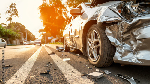 Damaged silver car with a dented door and shattered front section, indicating a recent car accident on a sunlit road with debris scattered around. © PiBu Stock