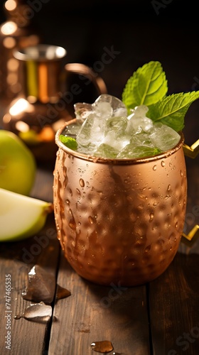 Pear and Ginger Moscow Mule drinks on a Table with Beautiful Lighting