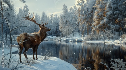 A deer standing on top of a snow covered forest. Perfect for winter themes © Fotograf