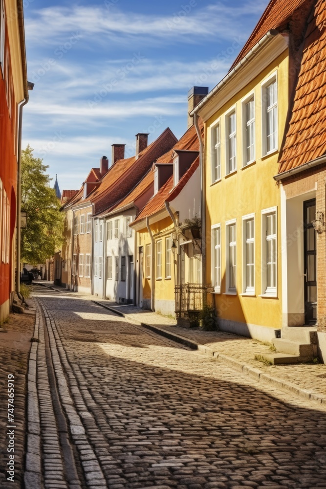 A picturesque view of a cobblestone street lined with charming yellow buildings. Perfect for travel or architectural projects