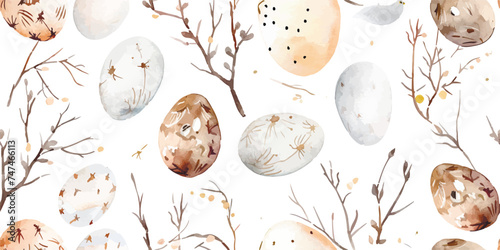 Watercolor seamless pattern with Easter eggs and tree twigs, branches. Vector hand drawn spring background. Vintage wallpaper with eggs