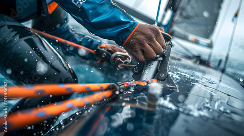 Close-up of the forearms of a person tying a cleat of a sailing catamaran photo