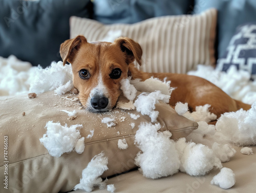 Dog on Bed Covered in shredded pillow photo