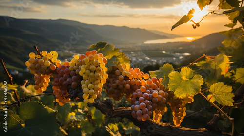 White grapes on a vine in a vineyard on a sunset