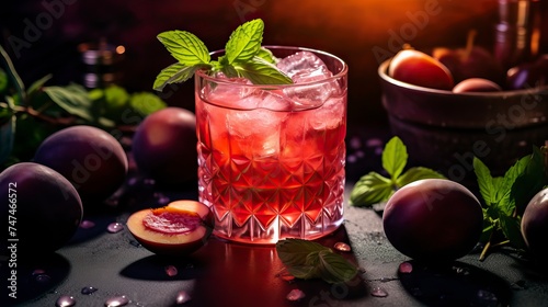 Plum Bourbon Smash drinks on a Table with Beautiful Lighting