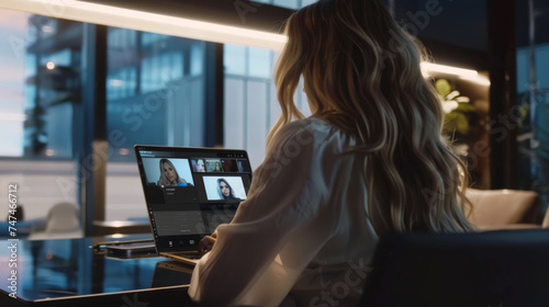 woman with blonde, wavy hair sitting in front of a laptop that displays a group video call