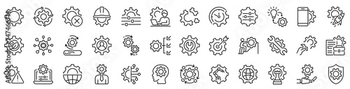 Set of 36 outline icons related to gears.Linear icon collection. Editable stroke. Vector illustration