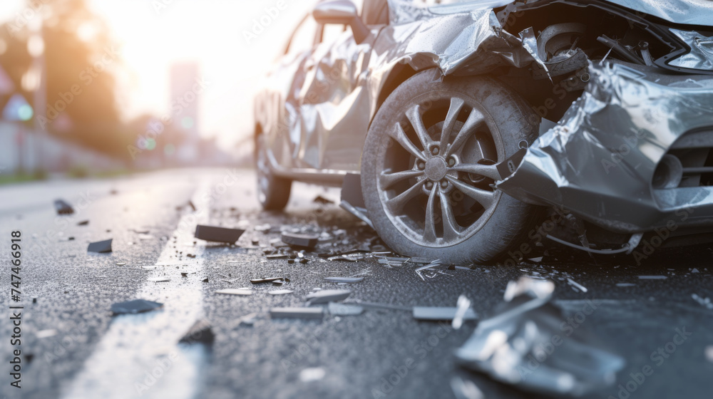 Damaged silver car with a dented door and shattered front section, indicating a recent car accident on a sunlit road with debris scattered around. - obrazy, fototapety, plakaty 