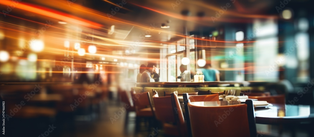 Several individuals are seated at a table inside a restaurant, their features blurred due to the focus.