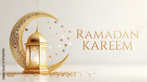 Ramadan Kareem greetings on a 3d background with decorative Lantern, crescent and stars photo