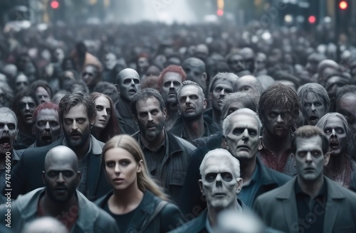 Crowd of zombies on street of city. Apocalypse, end of world, horror.