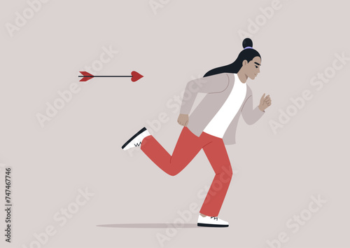 Fleet-Footed Escape From Cupids plan, A young character dashes away from a symbolic arrow of love with determination