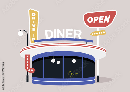 Retro Diner at Twilight, A Beacon of Americana, A charming restaurant welcomes guests with neon signs
