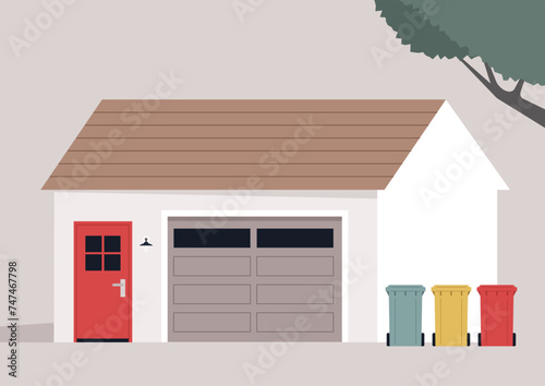Suburban Serenity, A Pristine Garage and Colorful Bins, A tranquil scene with a clean white garage, a red door, and a lineup of multicolored trash bins under a soft evening sky