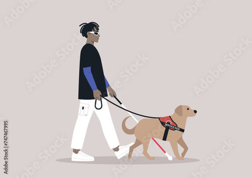 A young person with visual impairment walks confidently with a white cane and their guide dog by their side