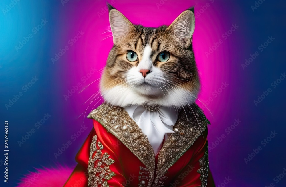 Stylish portrait of glamour dressed up cat. Creative portrait of domestic animal on bright background.