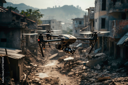Drone flying over the war demolished city