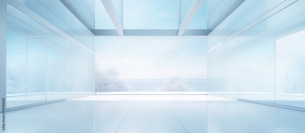 A minimalist room with a white and glass interior, featuring numerous large windows that flood the space with natural light. A minimalist room with a white and glass interior, featuring numerous large windows that flood the space with natural light.