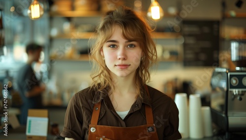 a portrait of a young woman barista in a cafe shop