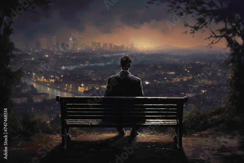 A suave gentleman in a tailored vest and trousers, sitting on a bench overlooking the city skyline at twilight, his expression contemplative as he reflects on the beauty of the urban landscape.