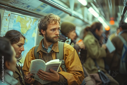 Man Reading on a Crowded Subway Train