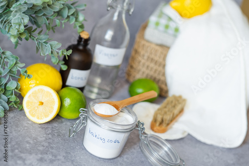 Eco-friendly cleaning products white vinegar, baking soda, citrus fruits, brush. Green cleaning alternatives on different surfaces remove stains. Conscious and environmentally friendly. Zero waste con