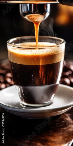 Closeup of Espresso Shot Being Poured from Espresso Machine. Hot and Fresh Drink for Breakfast, Cafes, or Anytime. Brown Beverage in a Cup