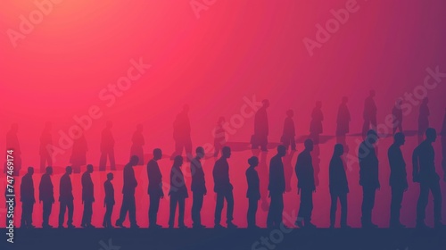 Business professionals in queue on unemployment graph - exploring economy trends, hiring forecasts, and corporate job dynamics