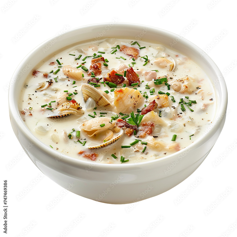 Seafood cream soup in a bowl on a transparent background