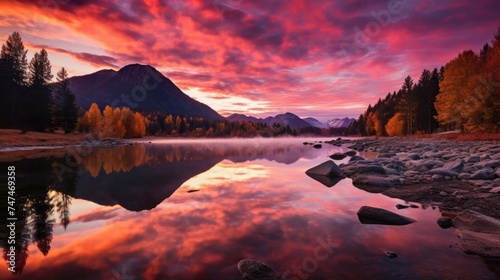 Landscape Photo  Stunning Autumn Reflections in Altai Mountains  with Pink Sky and Reflective Mirror-Like Lake amidst Serene Nature