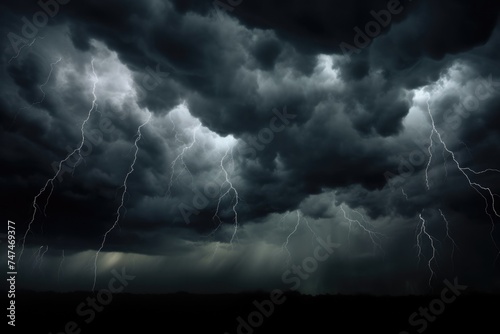 Moody Black Sky Background with Dark Storm Clouds: Dramatic Thunderclouds, Rain, and Windstorm Disasters in Cloudscape at Dusk