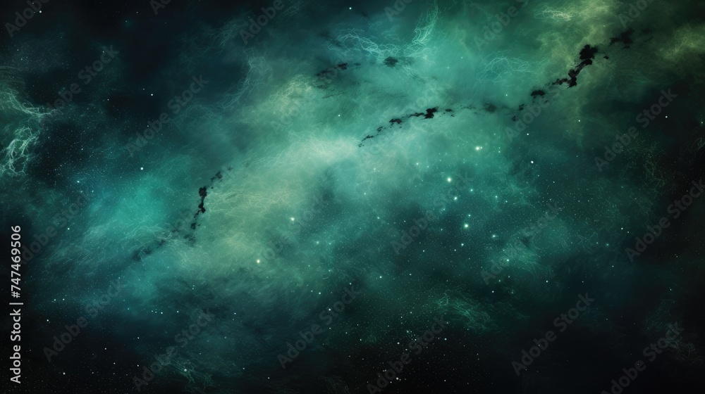 Shiny Glitter Mist on Fantasy Night Sky. Blue Green Steam Clouds Blend with Haze Texture on Dark Abstract Art Background