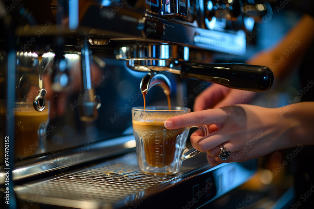 a close-up of barista hands preparing coffee in the coffee machine